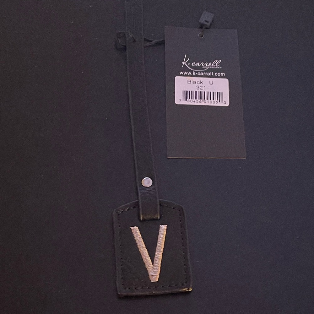 NWT “K•Carroll” Bag Tag,  Monogram Letter "V" Black Bag Tag with "Tan" Letter